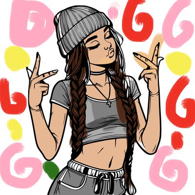 realistic teenage girl with braids and a beanie and crop top doing 🫶🏼