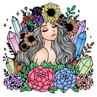 complex woman with flowers, crystals