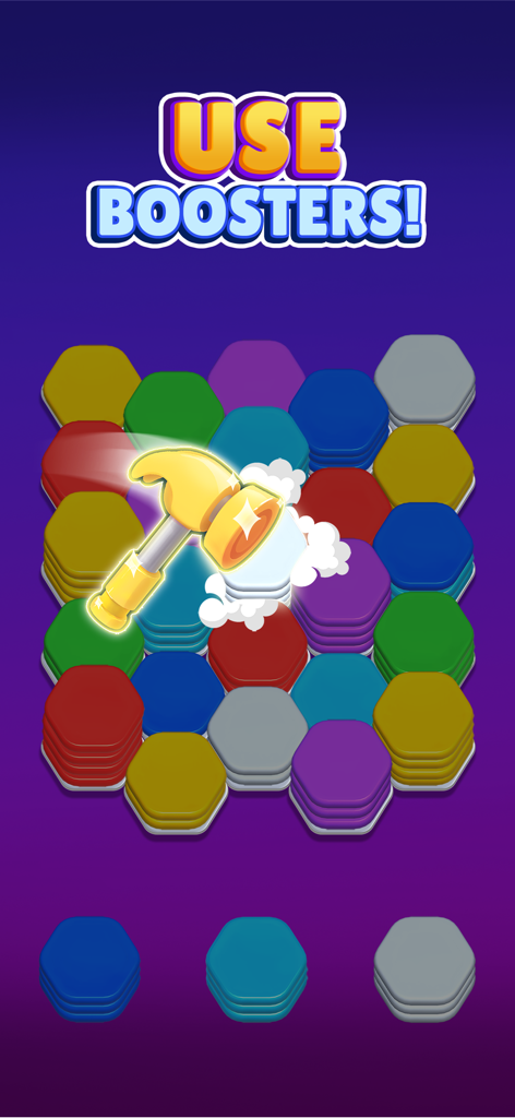 Color Hexa Sort Puzzle Game - A golden hammer booster hitting a hexagonal tile stack in a colorful sorting puzzle game