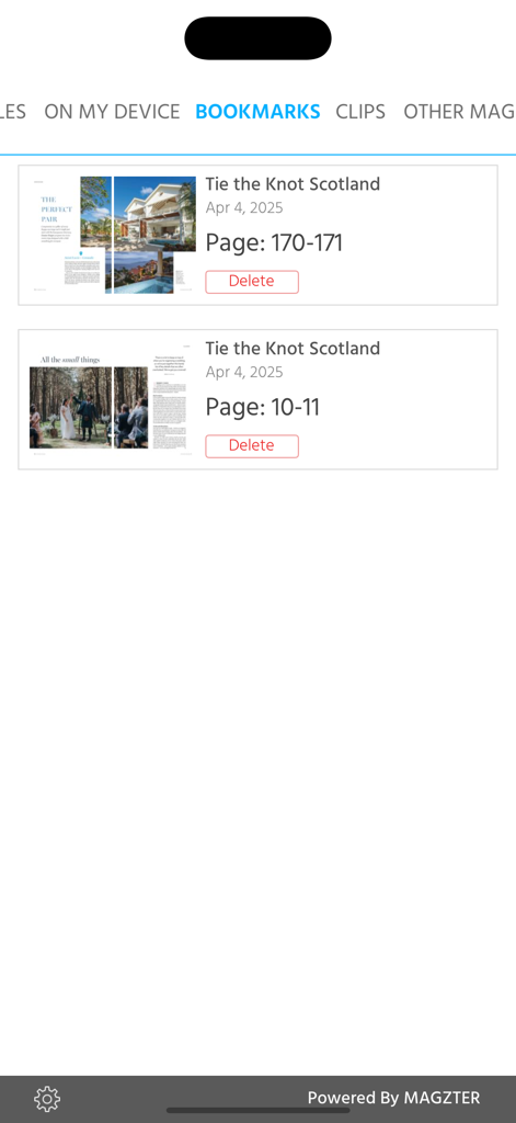 Tie the Knot Scotland - A list of bookmarked magazine pages within the Tie the Knot Scotland wedding planning app showing saved articles and photos.