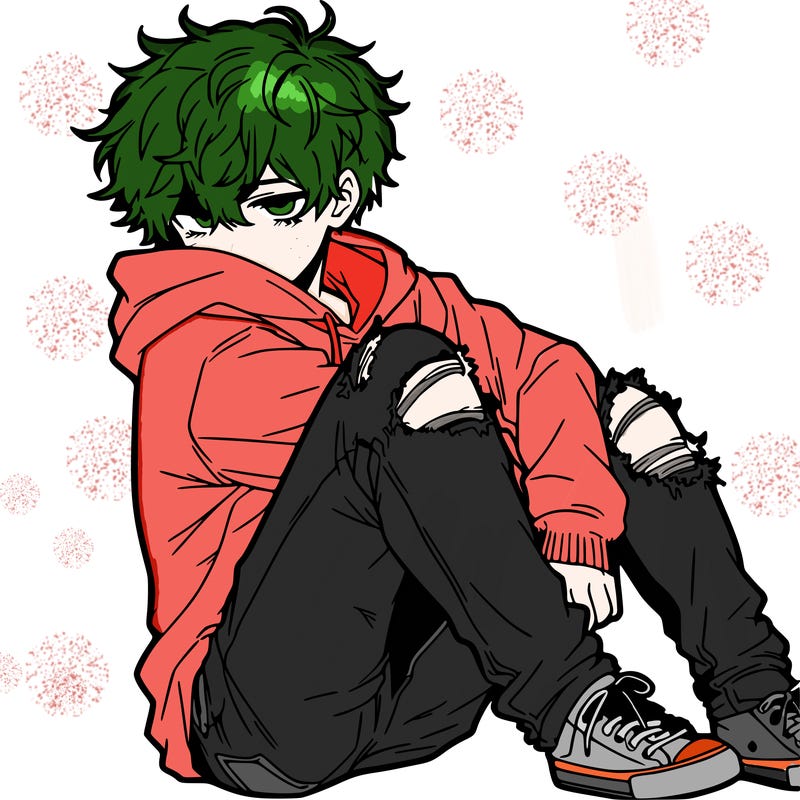 a male hoddie ripped jeans messy hair anime