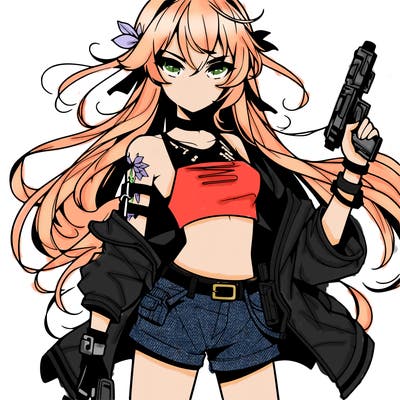 bad girl wearing crop top holding a gun long hair anime