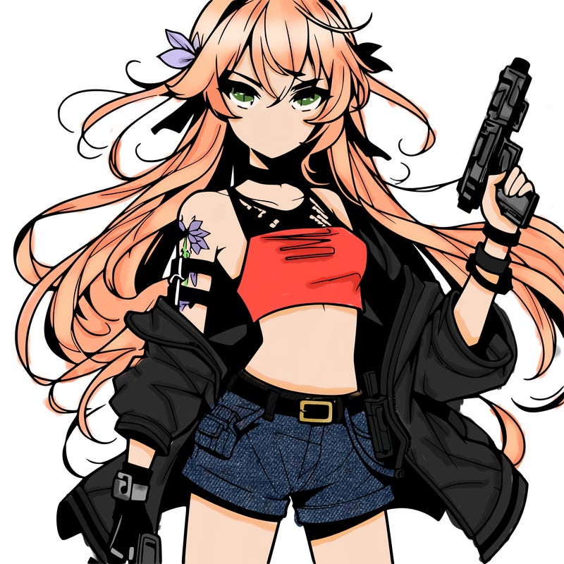 bad girl wearing crop top holding a gun long hair anime