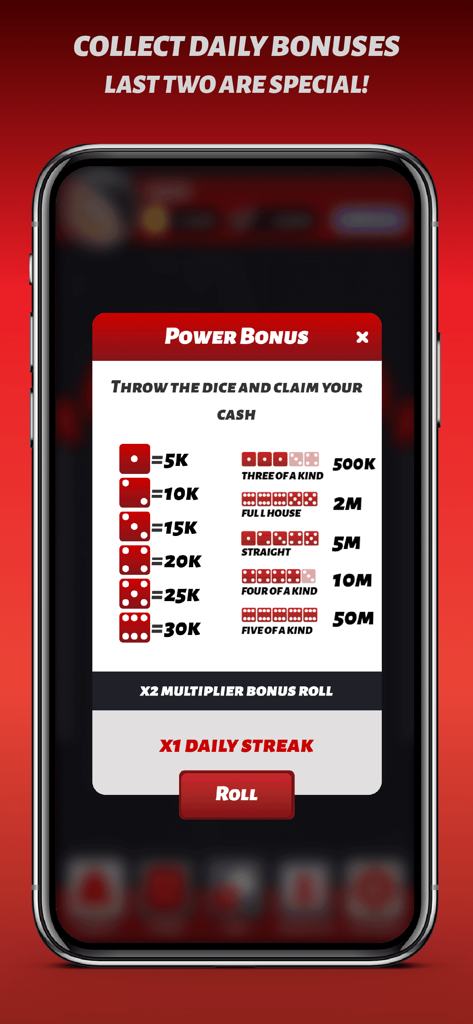Phone Dice - Écran de l'application mobile Phone Dice montrant le bonus de puissance quotidien et les paiements de lancers de dés