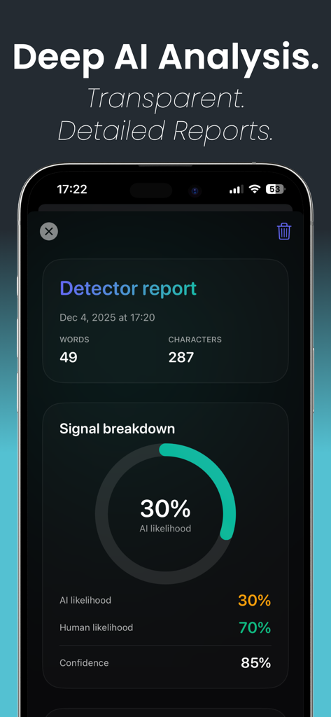 AI Detector - Humanizer - Detailed AI detection report showing probability percentages for human and AI generated content