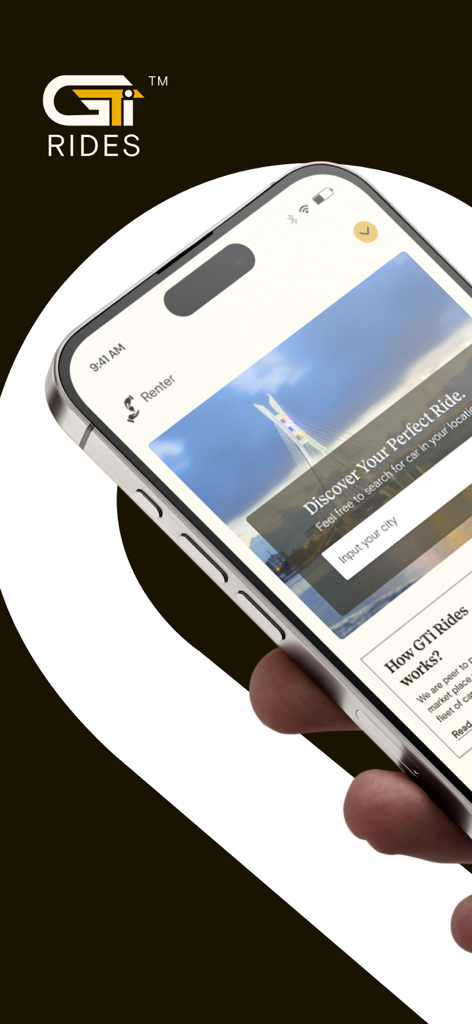 Smartphone screen showing GTi Rides car sharing marketplace app for luxury rentals in Africa