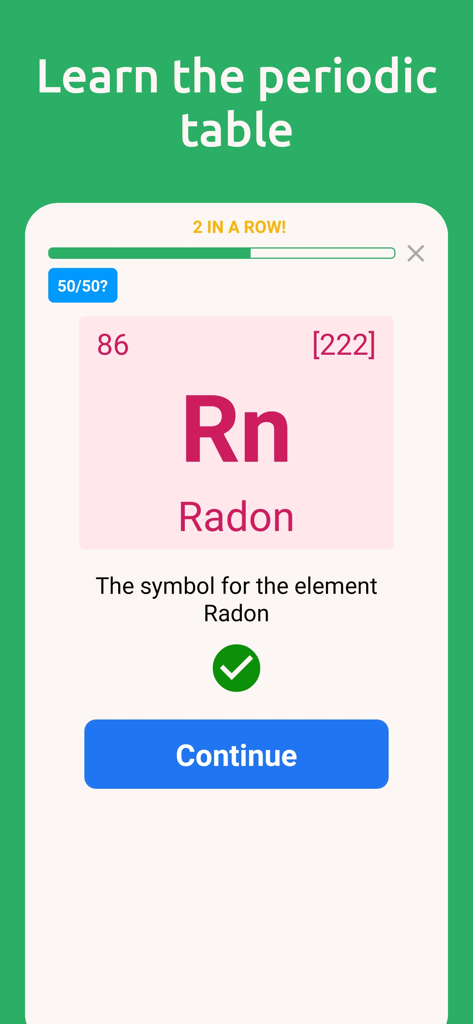 A chemistry quiz screen showing the element Radon with its symbol Rn and atomic number 86 on a flashcard