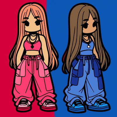 girl in baggy pants crop top and long hair