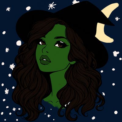 realistic witch girl with wavy hair and lips