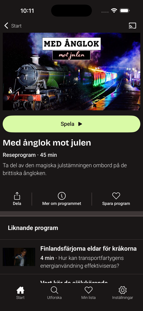 Screenshot of UR Play app showing details for a Swedish travel documentary about a steam train at Christmas
