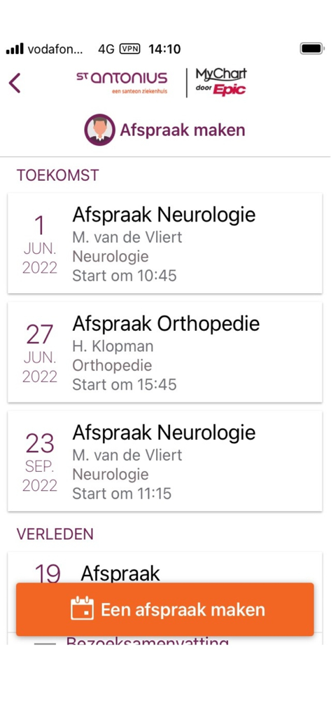 Mijn Antonius - Interface of the Mijn Antonius app displaying a list of upcoming and past medical appointments.
