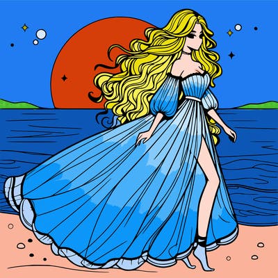 beautiful woman with a vaporous long dress walking on the beach at the noon, detailed art