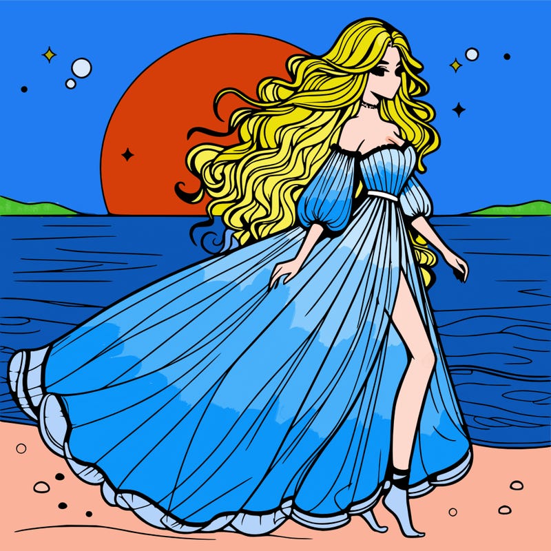 beautiful woman with a vaporous long dress walking on the beach at the noon, detailed art