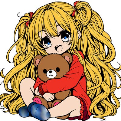 manga girl, long curly hair, happy, cuddling a teddy bear