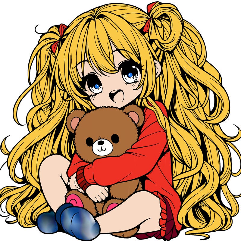 manga girl, long curly hair, happy, cuddling a teddy bear