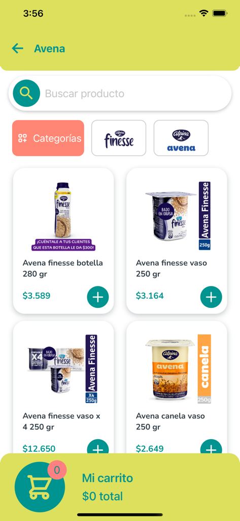 Compi Alpina - La aplicación móvil Compi Alpina muestra un catálogo de productos de avena Avena para pedidos B2B