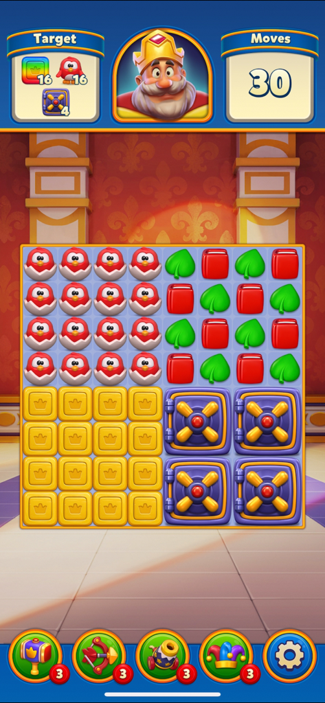 Royal Match match 3 puzzle level featuring King Robert and colorful game tiles