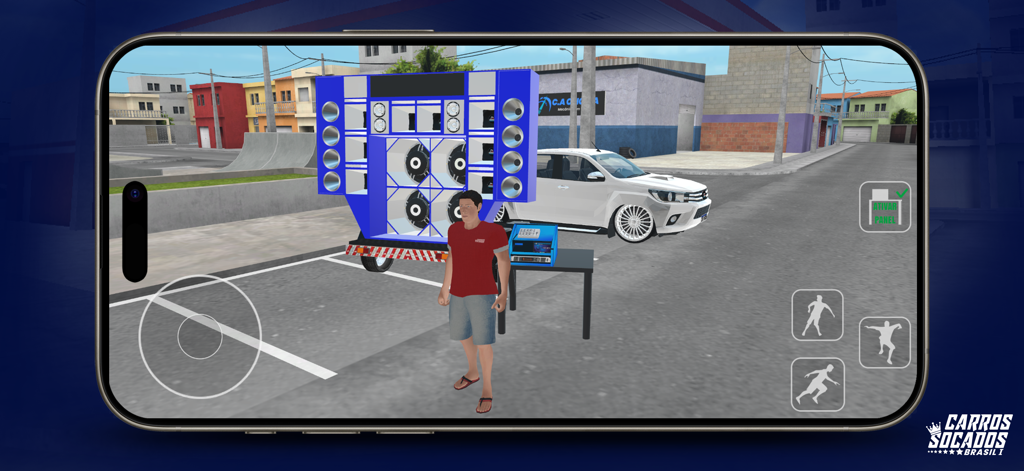 Carros Socados Brasil - Eine Figur steht neben einer massiven blauen Schallwand und einem tiefergelegten weißen Auto in einer Straßenszene des Spiels Carros Socados Brasil.