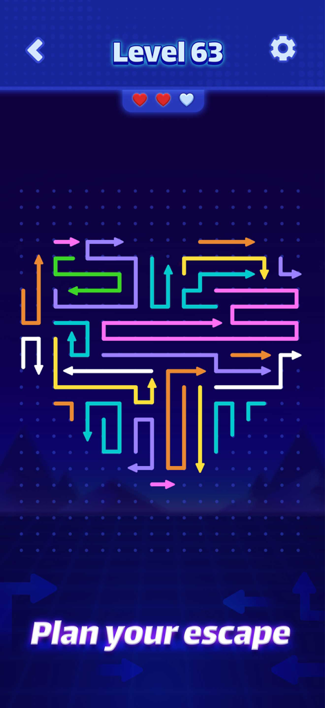 Arrow Game: Color Escape - Nível 63 de Arrow Game Color Escape apresentando setas coloridas em um quebra-cabeça em forma de coração com o texto Planeje sua fuga