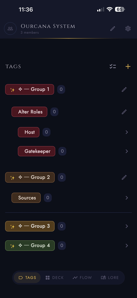 Ourcana app screen showing the Tags section for organizing system members into categories like Alter Roles and Groups