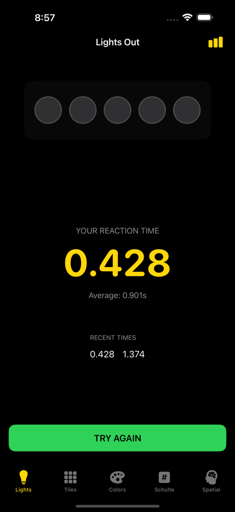 Reaction Time: Reflex Test - Results screen of the Lights Out game showing a reaction time of 0.428 seconds and average score.