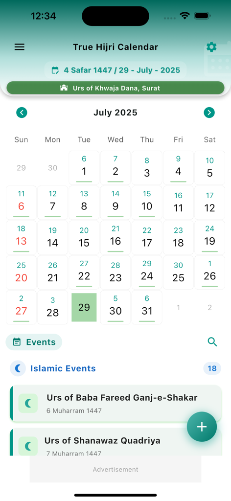 Islamic Hijri Calendar - La aplicación Calendario Islámico Hégira que muestra una cuadrícula de fechas dual y próximos eventos religiosos