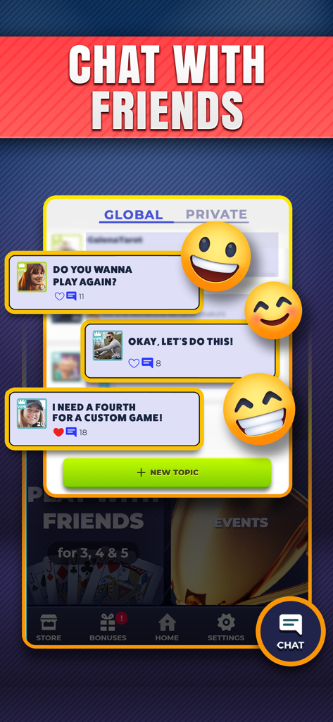 Global chat interface in the Euchre.com app showing player messages and social features
