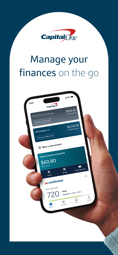 Capital One Mobile app interface on a smartphone showing account balances and credit score.