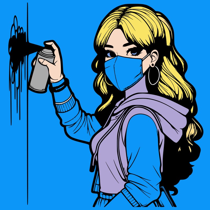 realistic girl with mask spray painting a wall