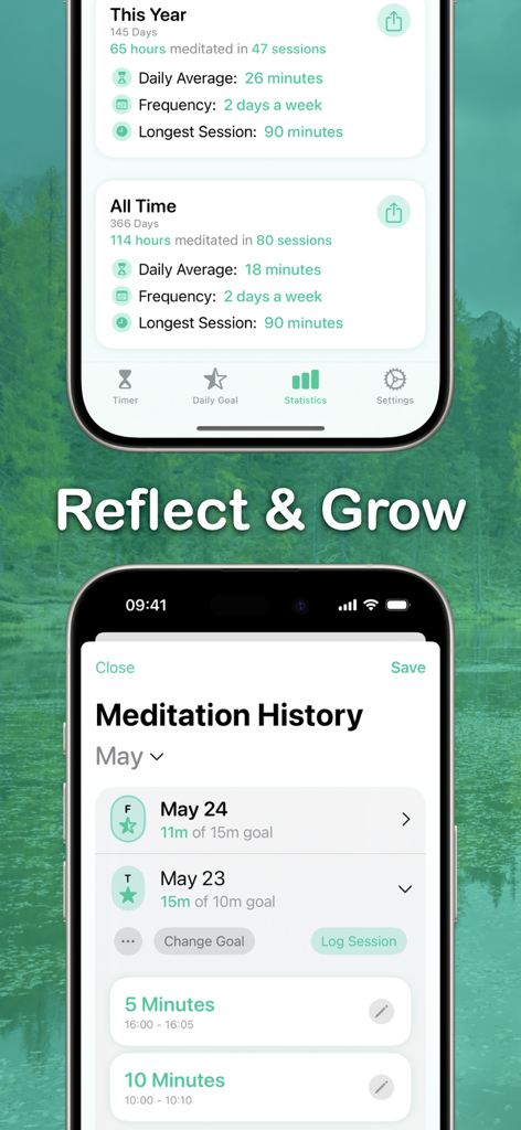 Meditation Timer - Zenitizer - Pantallas de la aplicación Zenitizer que muestran estadísticas de meditación y seguimiento del historial.