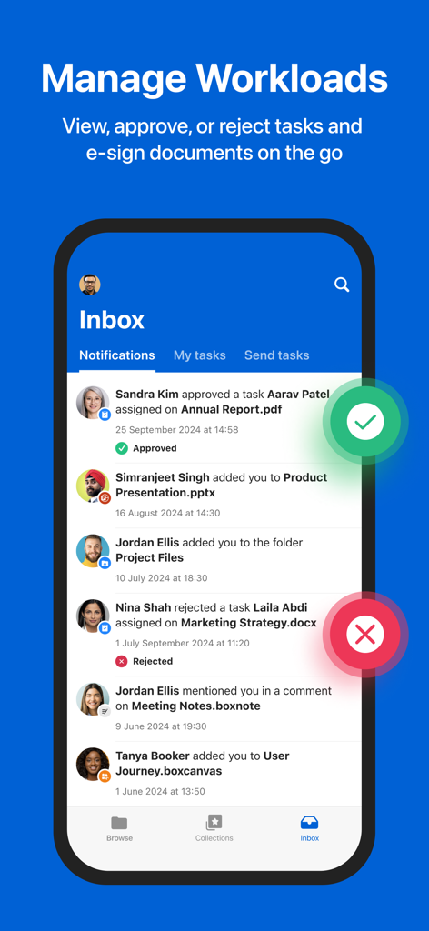 Box for EMM - Box for EMM app interface showing an inbox with task notifications and options to approve or reject work items