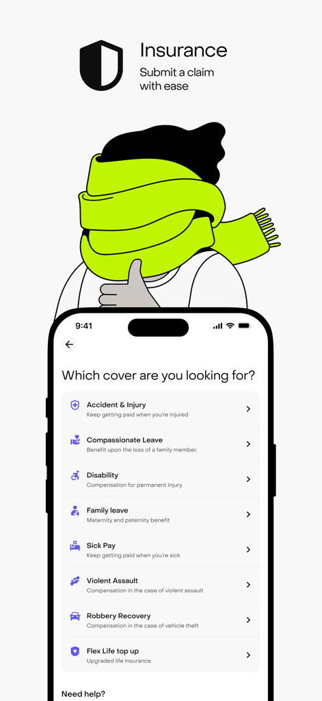 A mobile app interface from Onsi showing insurance coverage options including accident and injury, sick pay, and disability for gig workers