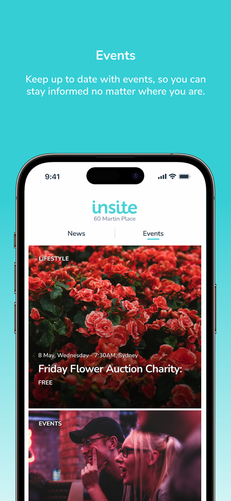 Insite by Investa - Interfaz de la aplicación Insite by Investa que muestra la sección de Eventos con una lista de eventos benéficos de la Subasta de Flores del Viernes