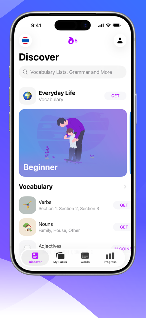 Learn Thai with LENGO - Oberfläche der Learn Thai with LENGO App, die den Discover-Bildschirm mit Vokabelpaketen für Verben, Nomen und Adjektive anzeigt.