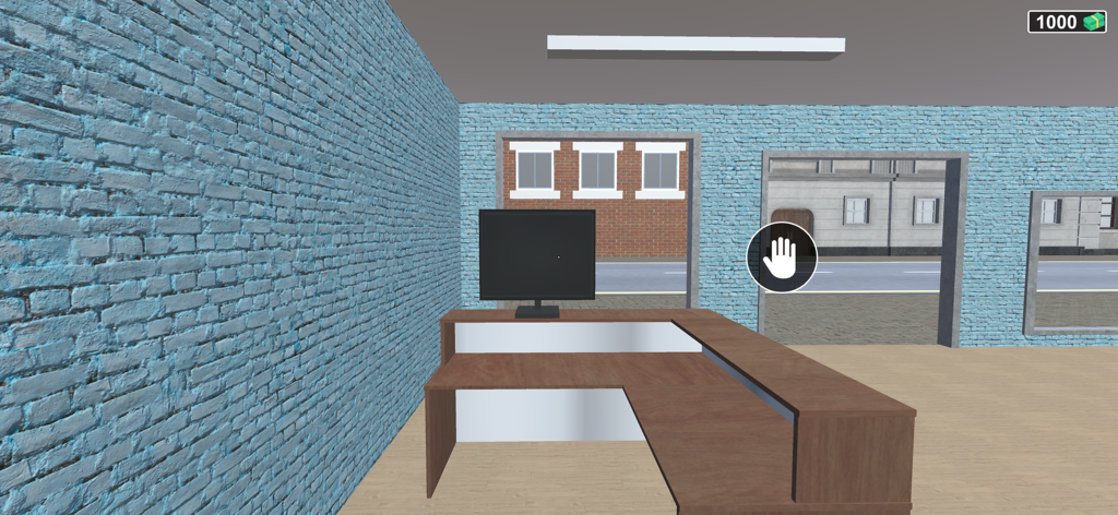 Interior de tienda vacío con un mostrador de madera y paredes de ladrillo azul en Clothing Store Simulator World