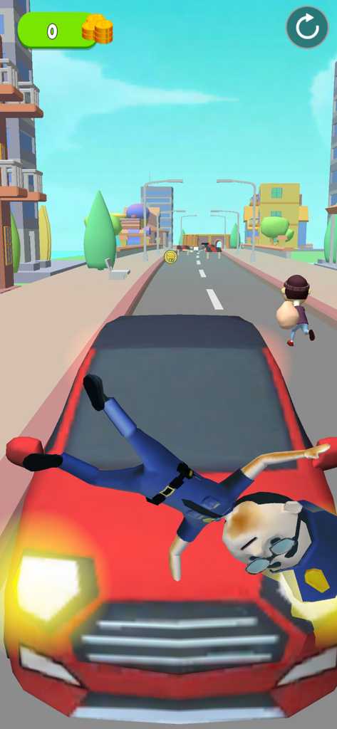 Un oficial de policía sobre el capó de un coche persiguiendo a un ladrón en una calle de ciudad 3D