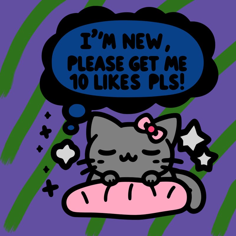 kitty taking a nap dream talking and saying "i'm new, please get me at least 10 likes pls!!"