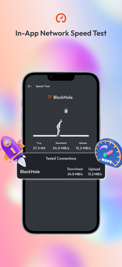 WifiLink: Share WiFi - Captura de pantalla de la aplicación WifiLink que muestra una prueba de velocidad de red dentro de la aplicación con métricas de descarga y carga.