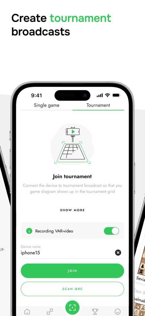 Smartphone screen of the idChess app showing the tournament broadcast join page