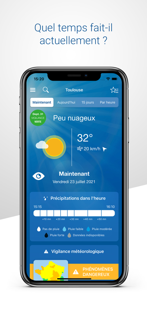 Interfaccia dell'app Meteo France che mostra le previsioni del tempo per Tolosa con temperatura e previsioni di pioggia