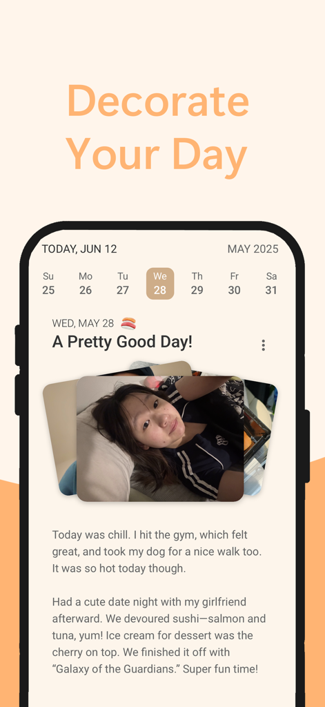 Nostalgia: Journal & Diary - Pantalla de la aplicación Nostalgia mostrando una entrada de diario personal con una foto y reflexión escrita