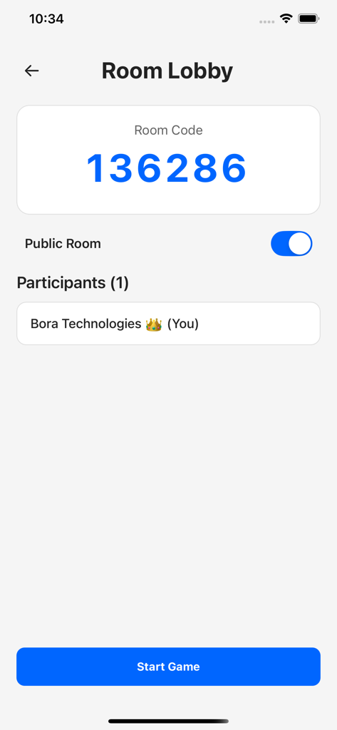Name Place Animal Thing - Room lobby screen showing a six digit game code and the start game button in the Name Place Animal Thing mobile app