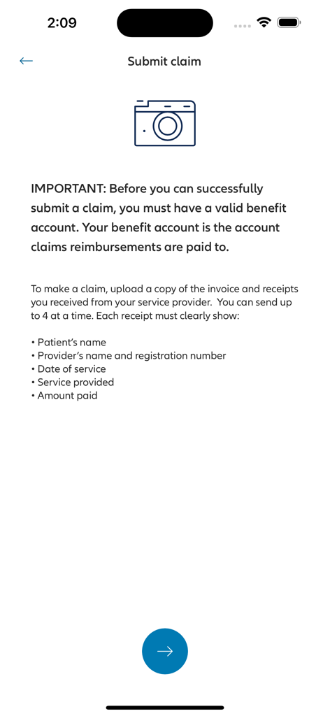 Schermata di invio richiesta nell'App Allianz Care OVHC che mostra istruzioni e requisiti per la ricevuta