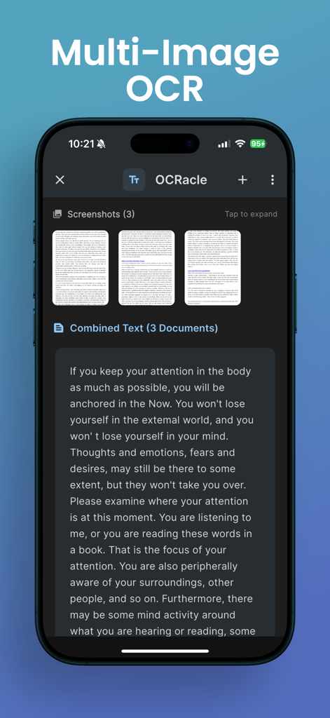 OCR Image AI - Photo to Text - iPhone screen showing the OCRacle app extracting and combining text from three documents using multi-image OCR.