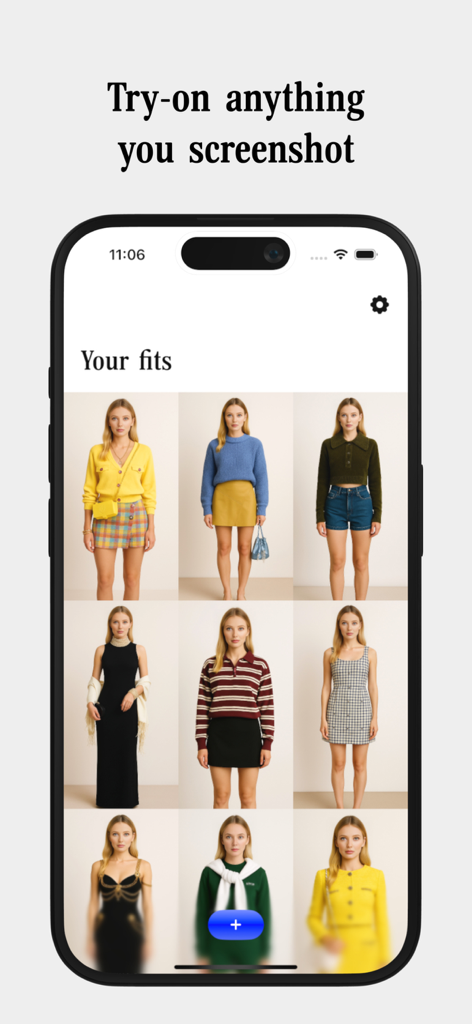 Retrodrip: Try-on screenshots - A smartphone screen showing the Retrodrip app with a gallery of different outfits virtually tried on by a user