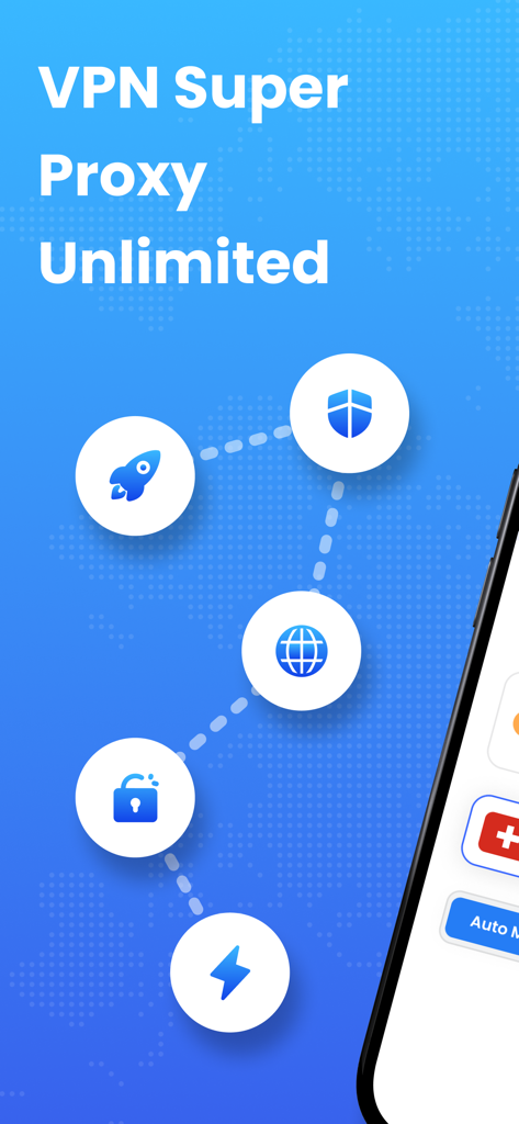 VPN Super Proxy Unlimited 앱 화면에 보안 및 속도 아이콘 표시