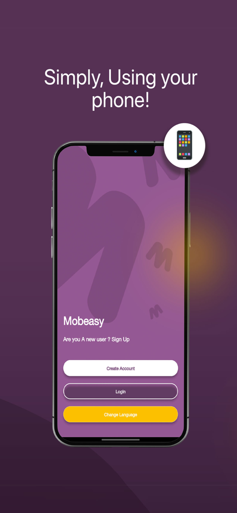 MobEasy - MobEasy login screen on a smartphone showing buttons to create an account or login to build apps without coding