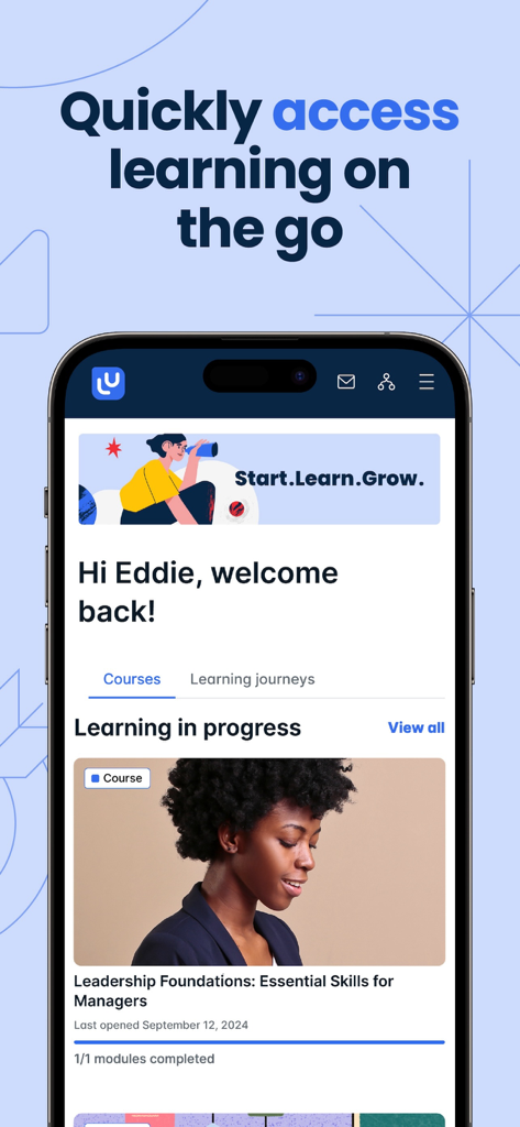 LearnUpon app dashboard on an iPhone displaying a leadership course and progress tracking for mobile learning