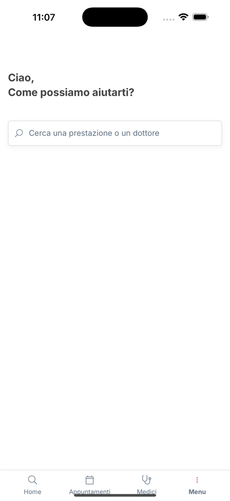 Coram - Écran d'accueil de l'application Coram montrant une barre de recherche pour les médecins et les services médicaux