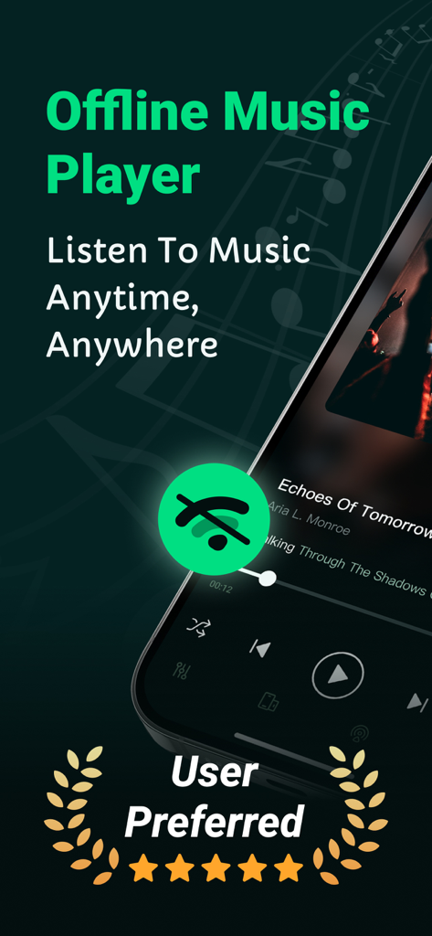 Offline Music MP3 Player - Ein Smartphone, das die Benutzeroberfläche eines Offline-Musik-Players mit einem Kein-Internet-Symbol und einer Fünf-Sterne-Bewertung anzeigt.